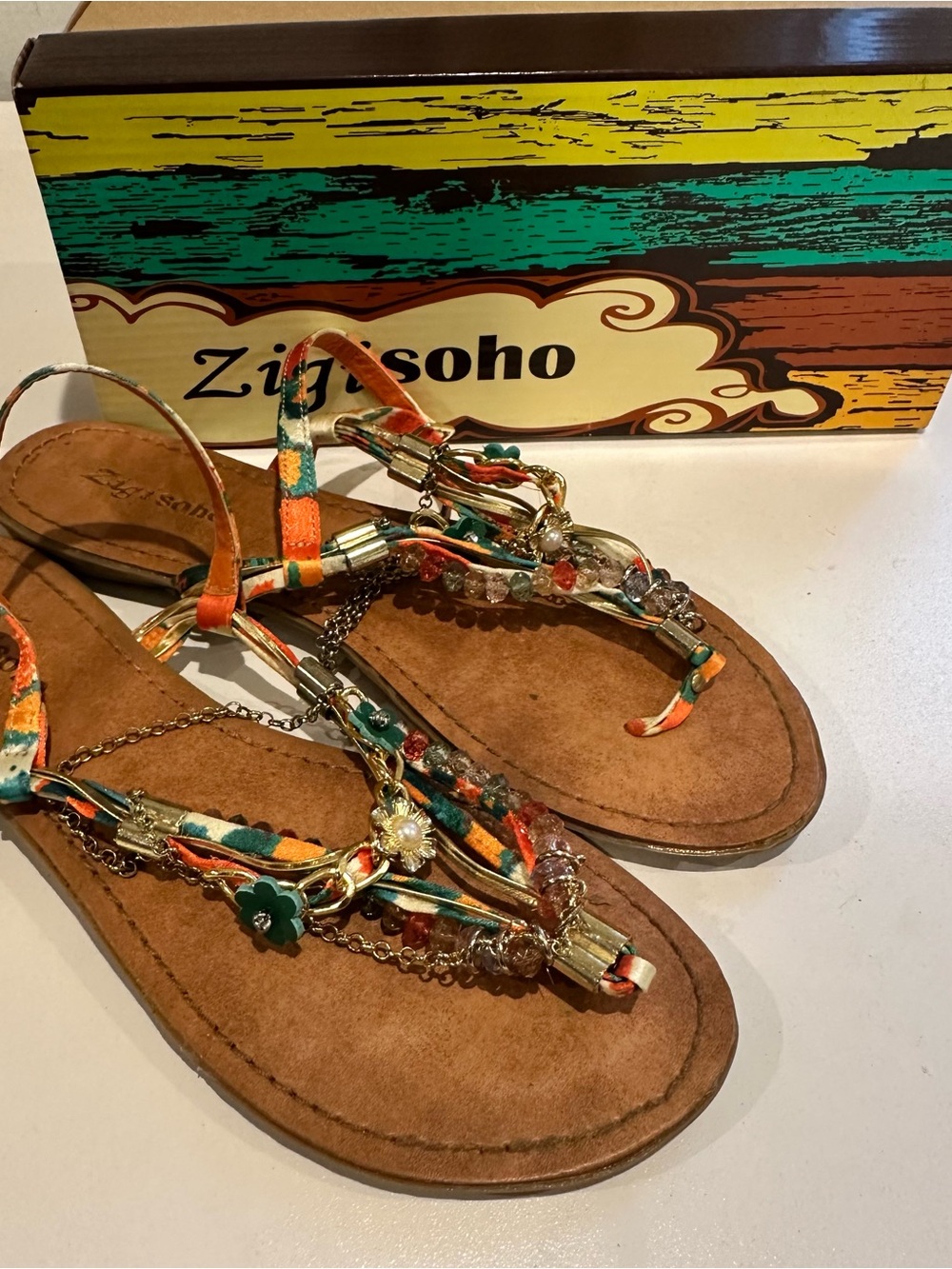 Zigi Soho Orange & Teal Beaded T-Strap Sandals